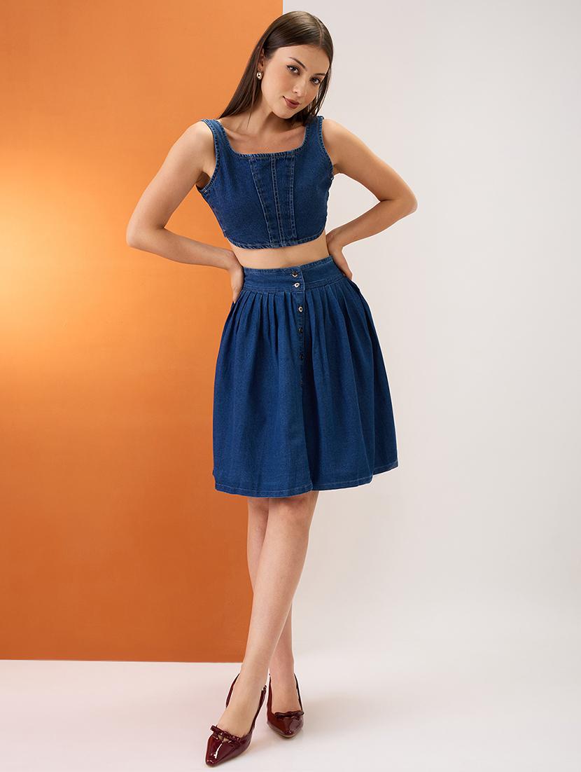 women med blue high-rise pleated button-down above knee flared denim skirt - 21980137 - Standard Image - 4