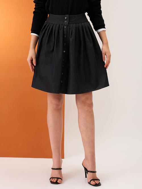 women black high-rise pleated button-down above knee flared denim skirt - 21980138 - Standard Image - 0