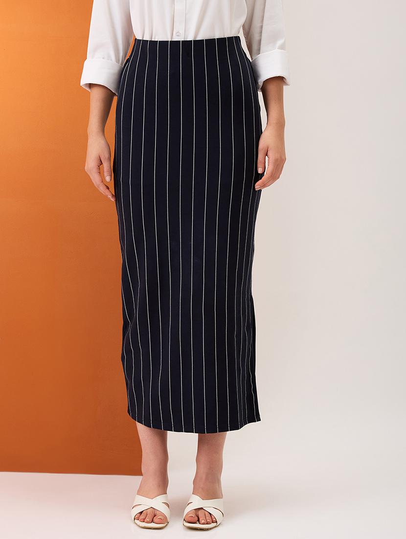 women navy striped mid-rise stretchable side slit midi pencil skirt - 21980139 - Zoom Image - 0
