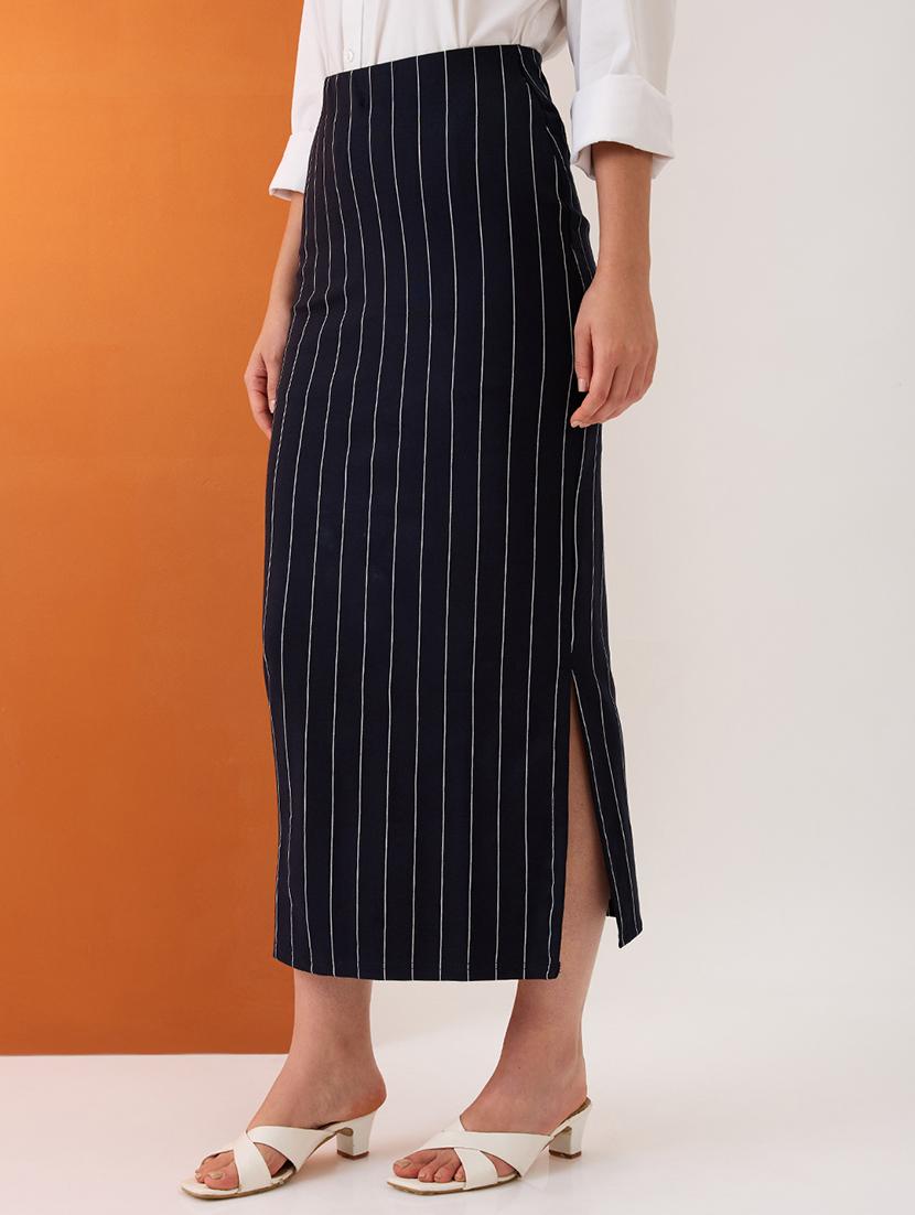 women navy striped mid-rise stretchable side slit midi pencil skirt - 21980139 - Standard Image - 1
