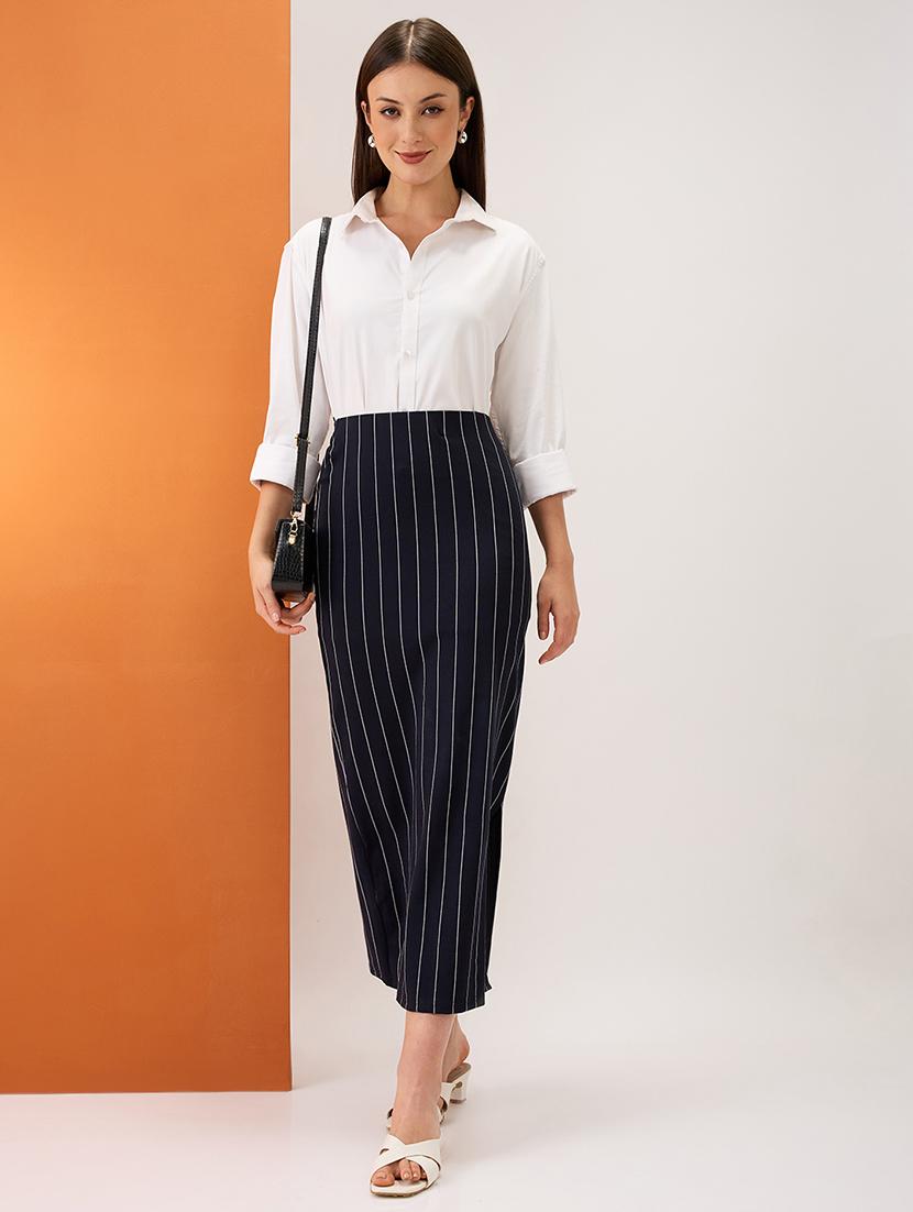 women navy striped mid-rise stretchable side slit midi pencil skirt - 21980139 - Standard Image - 4