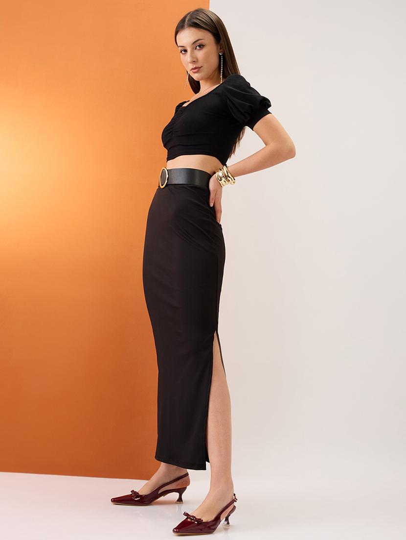 women black high-rise stretchable side slit maxi pencil skirt - 21980140 - Standard Image - 4