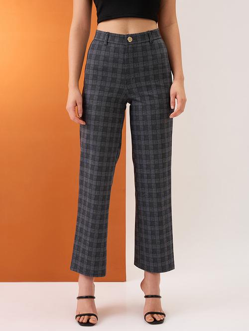 women grey checkered self design mid-rise straight fit formal trousers - 21980147 - Standard Image - 0