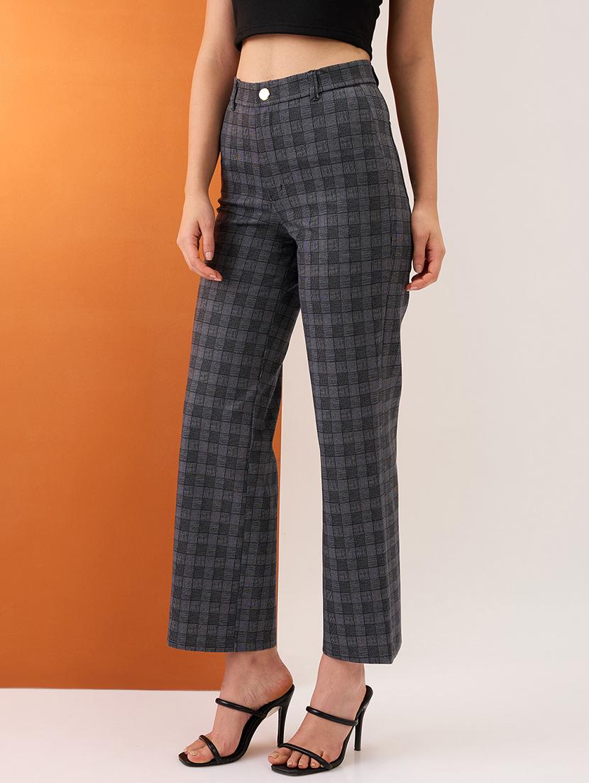 women grey checkered self design mid-rise straight fit formal trousers - 21980147 -  Standard Image - 1
