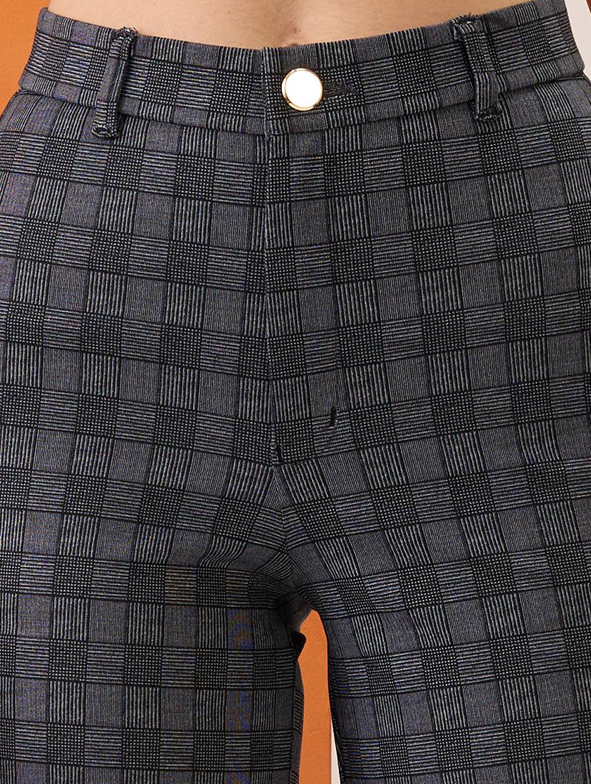 women grey checkered self design mid-rise straight fit formal trousers - 21980147 - Standard Image - 4