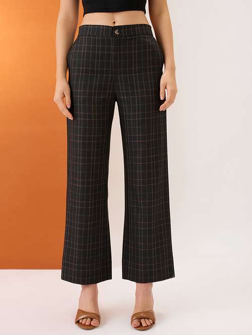women plaid checks mid-rise elasticated back straight fit formal trousers - 21980148 -  Standard Image - 0