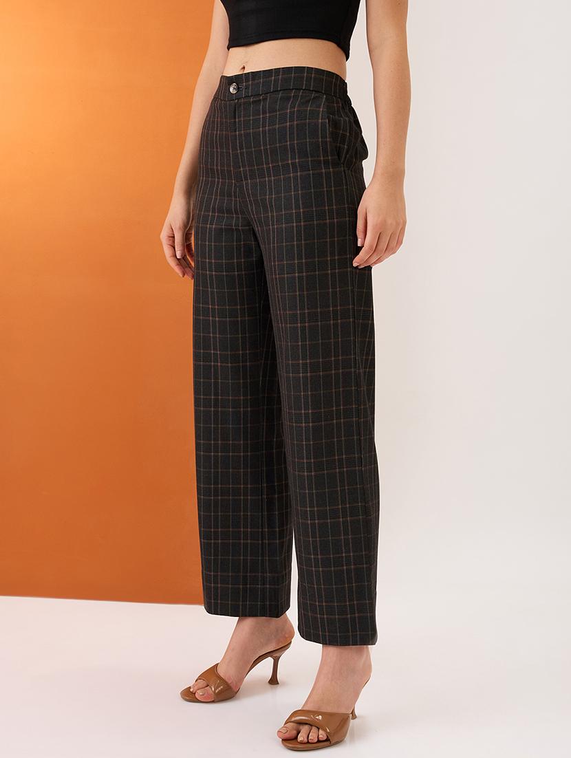 women plaid checks mid-rise elasticated back straight fit formal trousers - 21980148 - Standard Image - 1