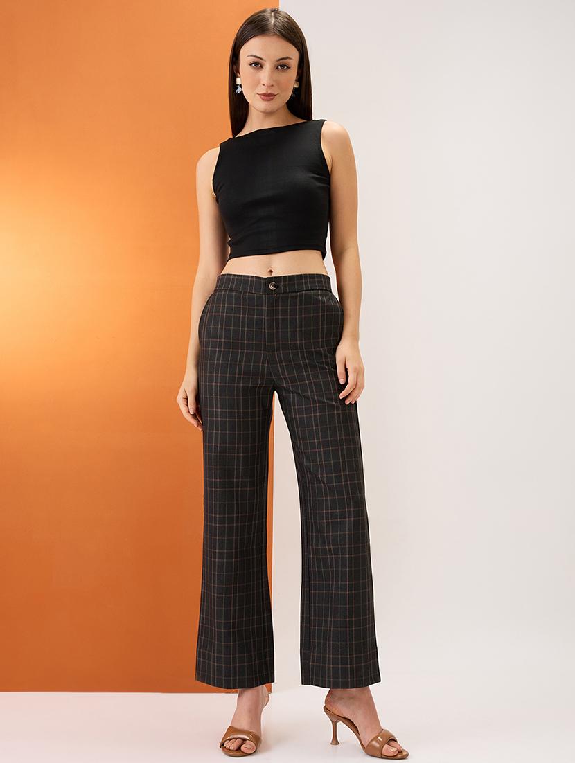 women plaid checks mid-rise elasticated back straight fit formal trousers - 21980148 - Standard Image - 4