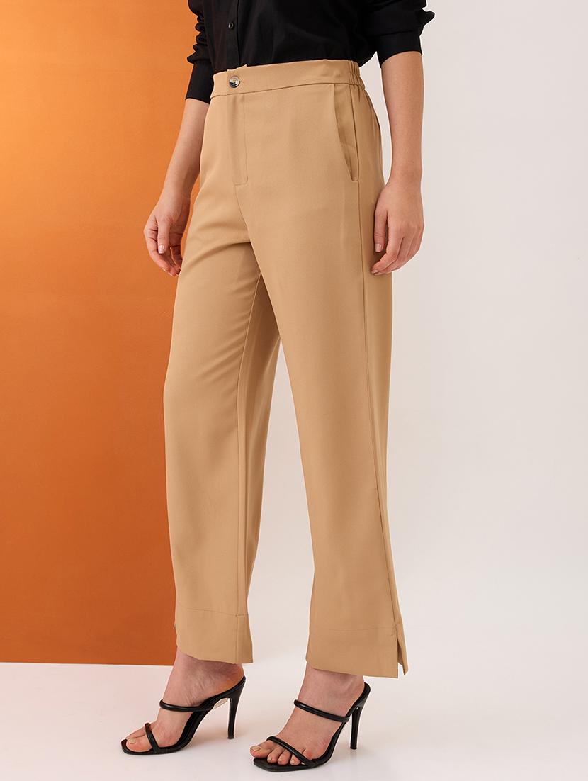 women khaki solid mid-rise bottom hem slits relaxed fit formal trousers - 21980150 -  Standard Image - 1