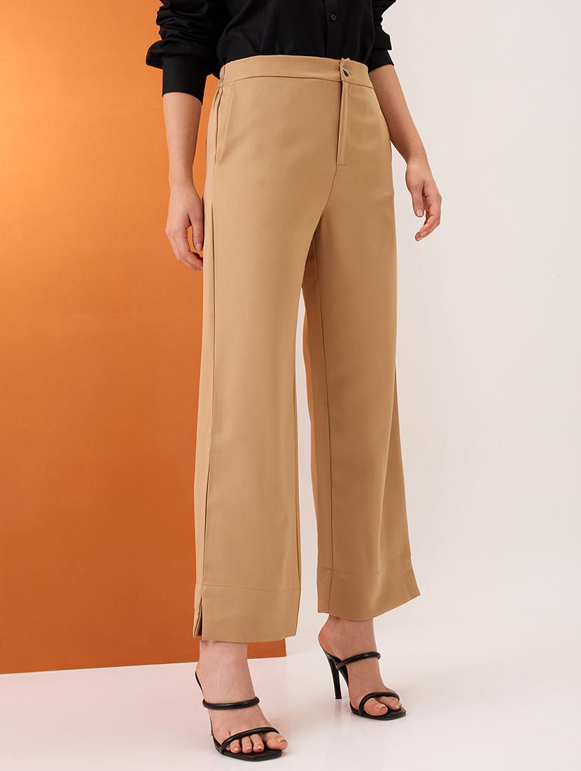 women khaki solid mid-rise bottom hem slits relaxed fit formal trousers - 21980150 - Standard Image - 1