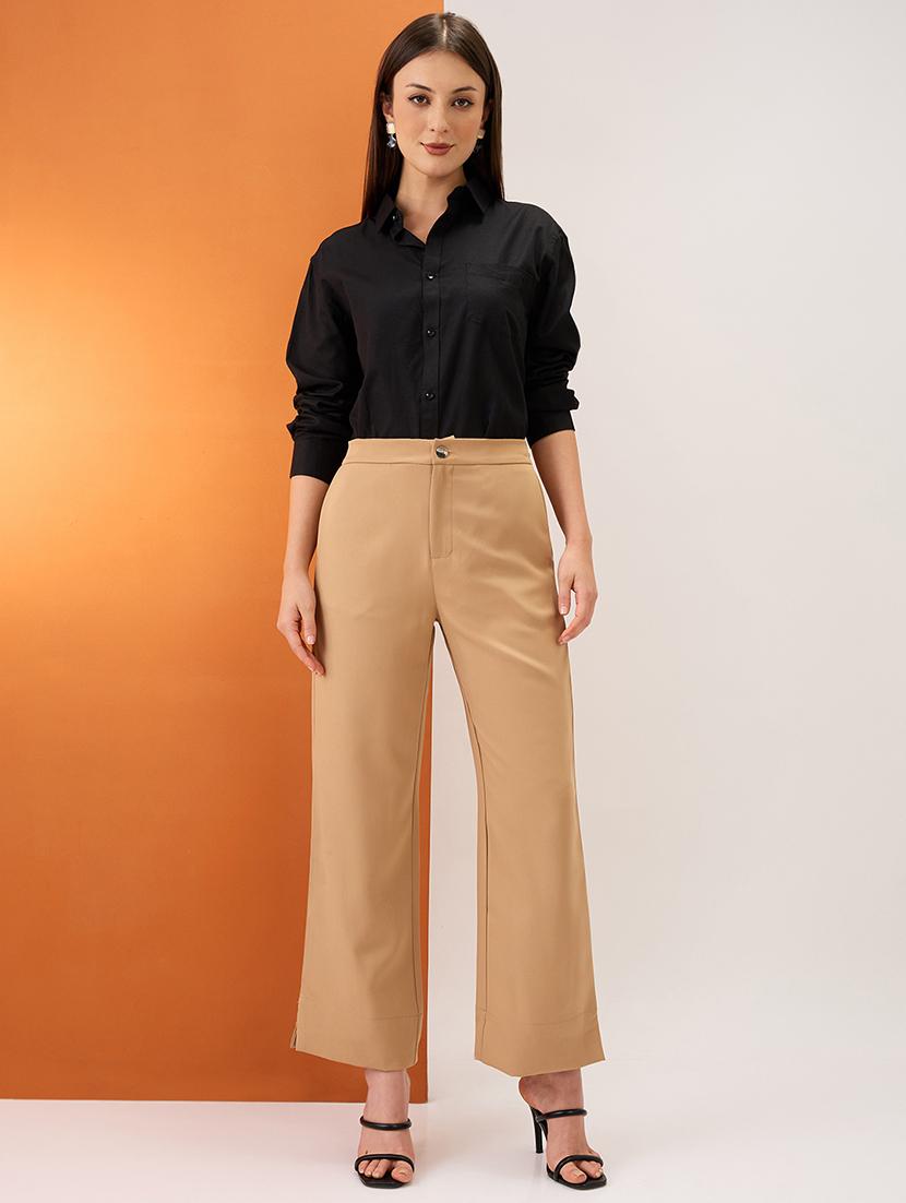 women khaki solid mid-rise bottom hem slits relaxed fit formal trousers - 21980150 - Standard Image - 4