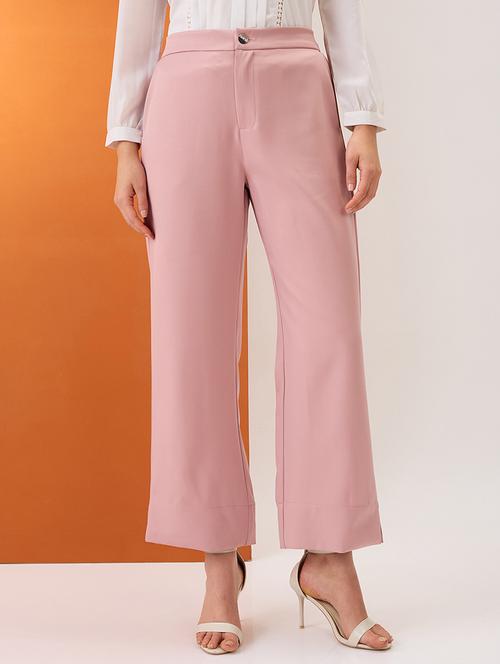 women blush pink solid mid-rise bottom hem slits relaxed fit formal trousers - 21980151 -  Standard Image - 0
