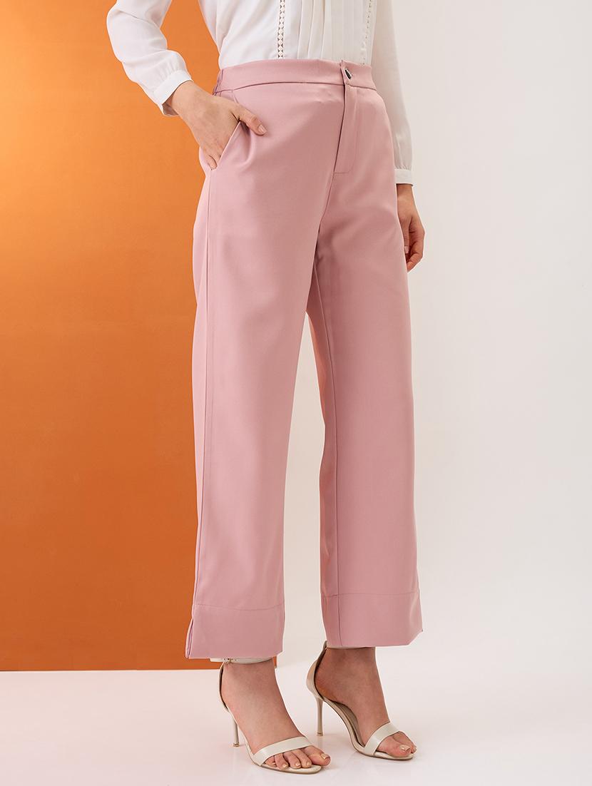women blush pink solid mid-rise bottom hem slits relaxed fit formal trousers - 21980151 - Standard Image - 1