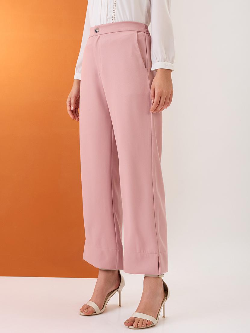 women blush pink solid mid-rise bottom hem slits relaxed fit formal trousers - 21980151 - Standard Image - 1