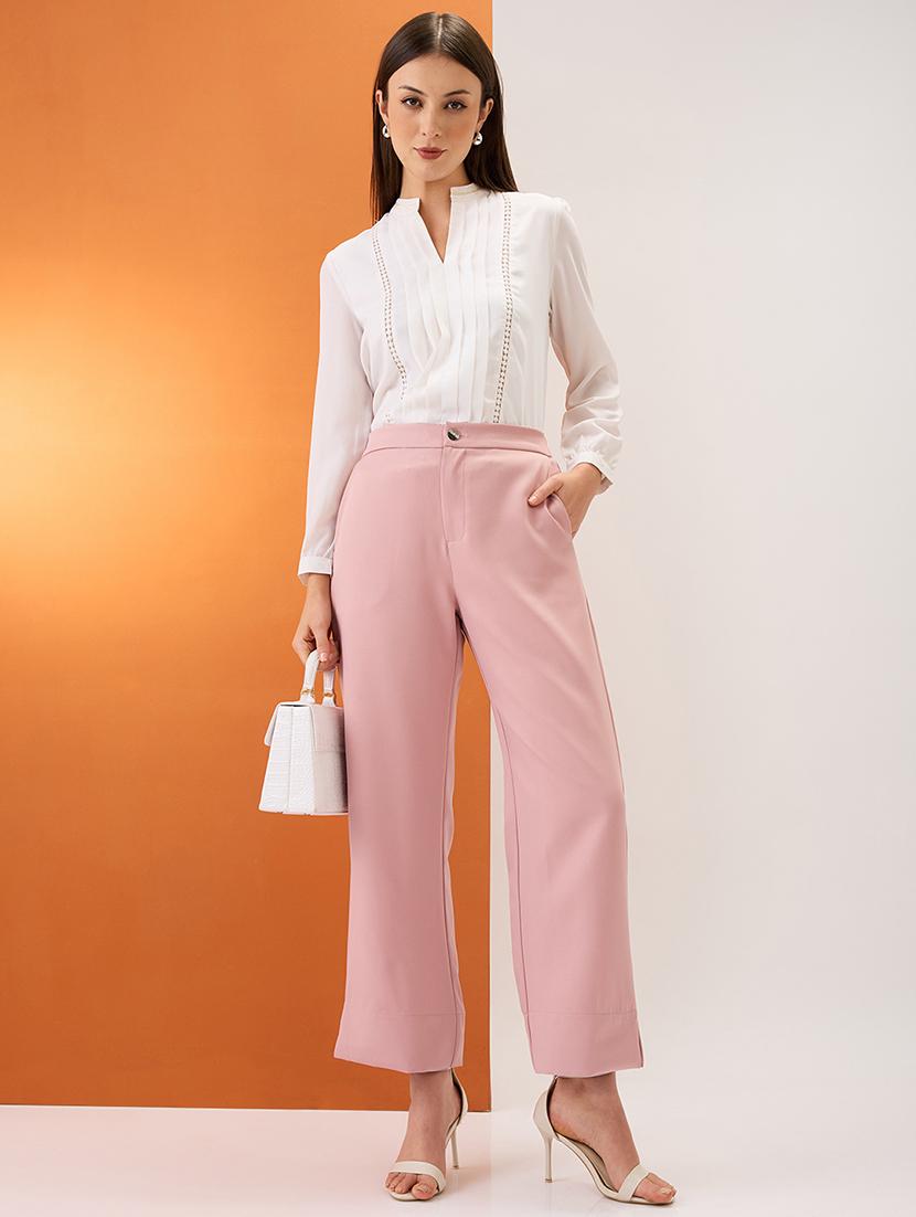 women blush pink solid mid-rise bottom hem slits relaxed fit formal trousers - 21980151 - Standard Image - 4