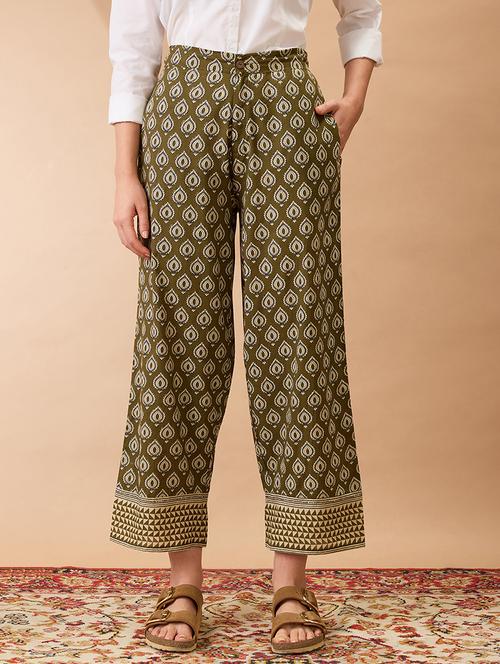 women olive ethnic print mid-rise straight fit fusion trousers - 21980152 - Standard Image - 0
