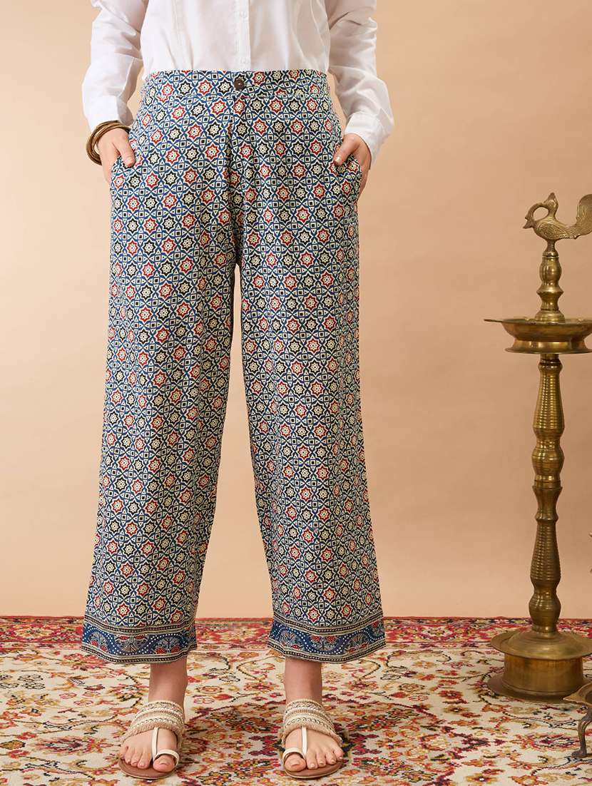 women indigo ethnic print mid-rise straight fit fusion trousers