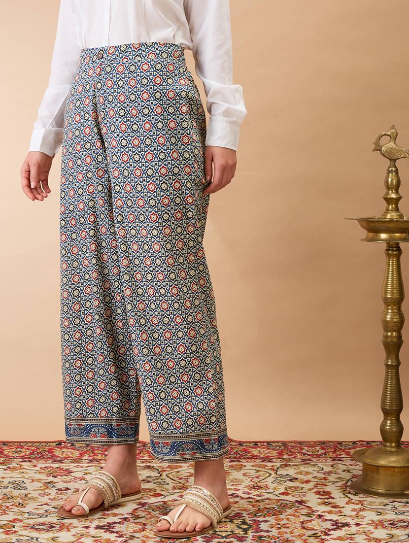 women indigo ethnic print mid-rise straight fit fusion trousers - 21980153 -  Standard Image - 1
