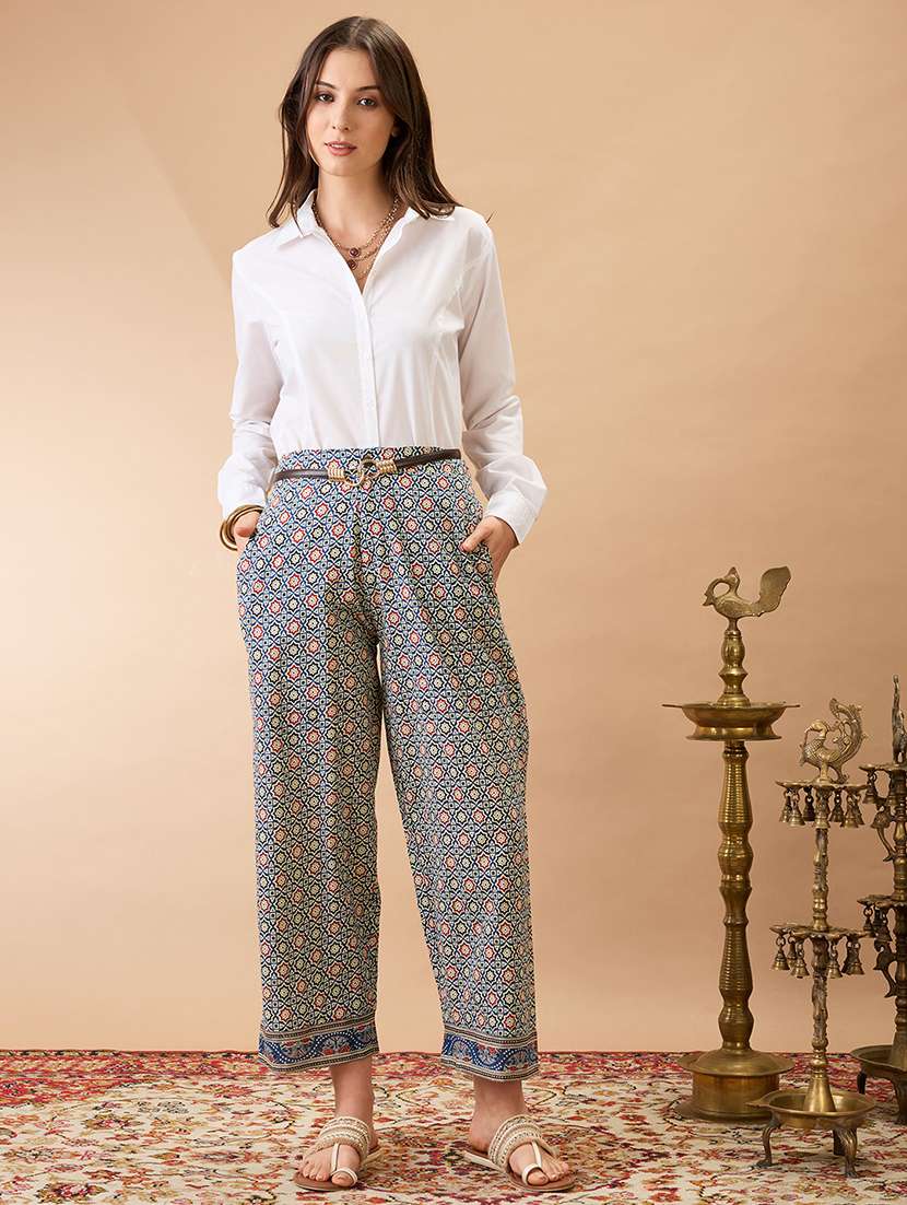women indigo ethnic print mid-rise straight fit fusion trousers - 21980153 - Standard Image - 4
