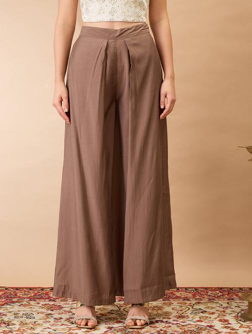 women taupe solid mid-rise pleated wide leg flared fusion trousers - 21980154 - Standard Image - 0