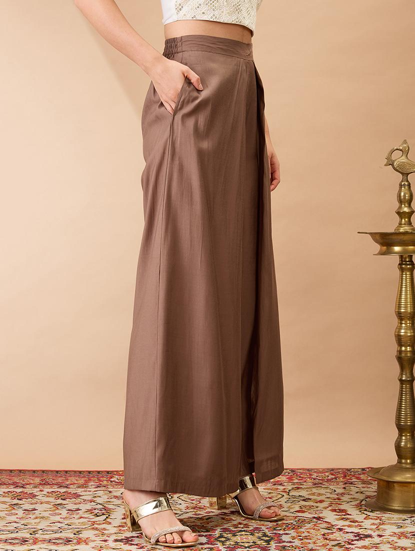 women taupe solid high rise wide leg palazzo - 21980154 -  Standard Image - 1