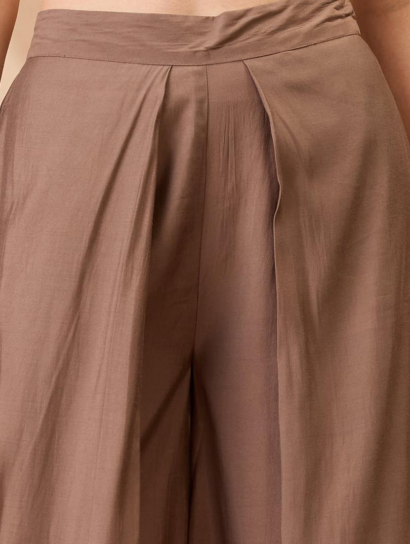 women taupe solid high rise wide leg palazzo - 21980154 - Standard Image - 4