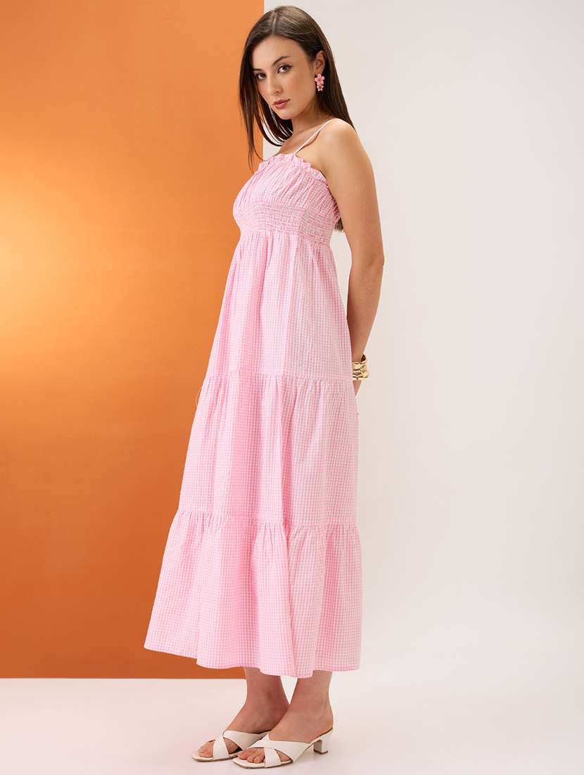 women pink checkered square neck strappy sleeves smocked tiered fit & flare maxi dress - 21980155 -  Standard Image - 1