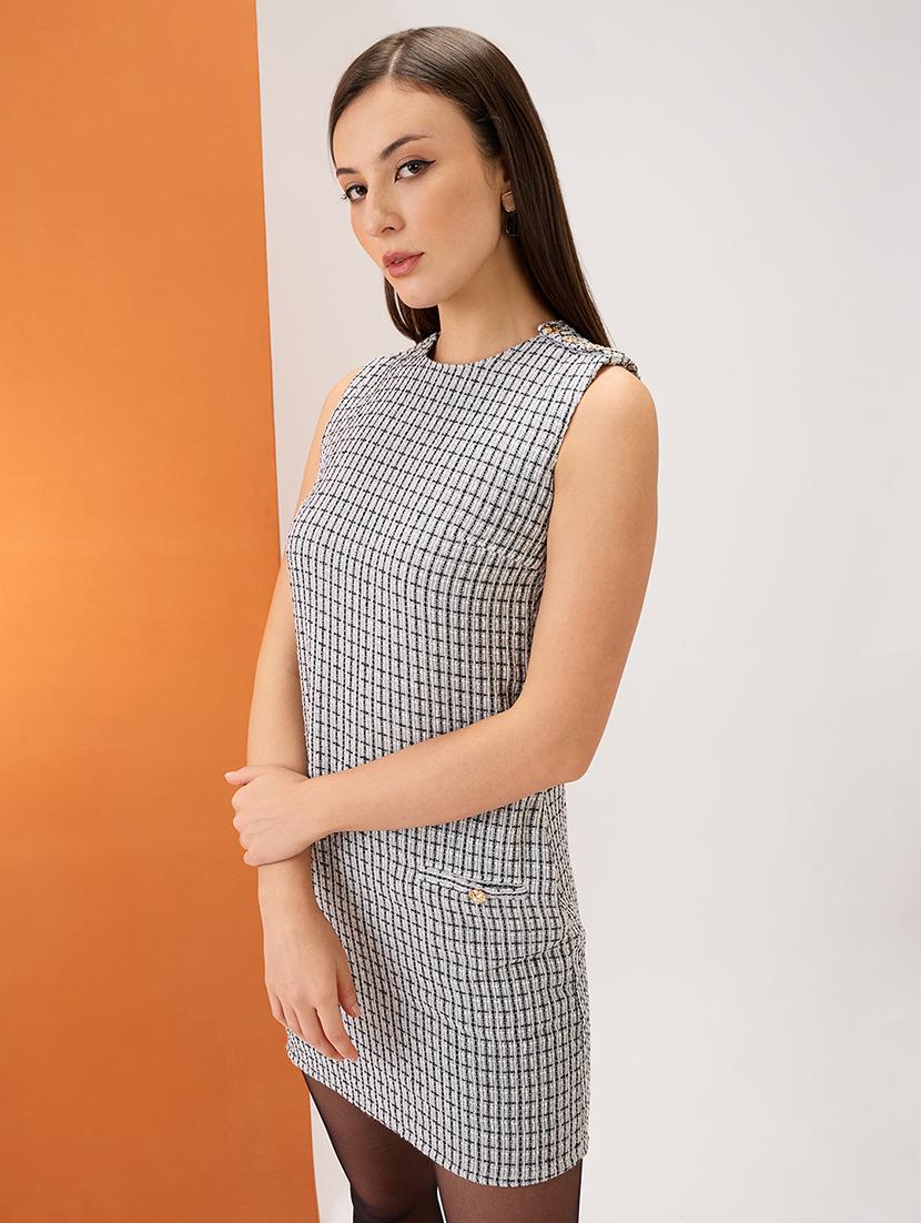 women grey tweed checkered round neck utility pockets mini sheath workwear dress - 21980156 -  Standard Image - 1