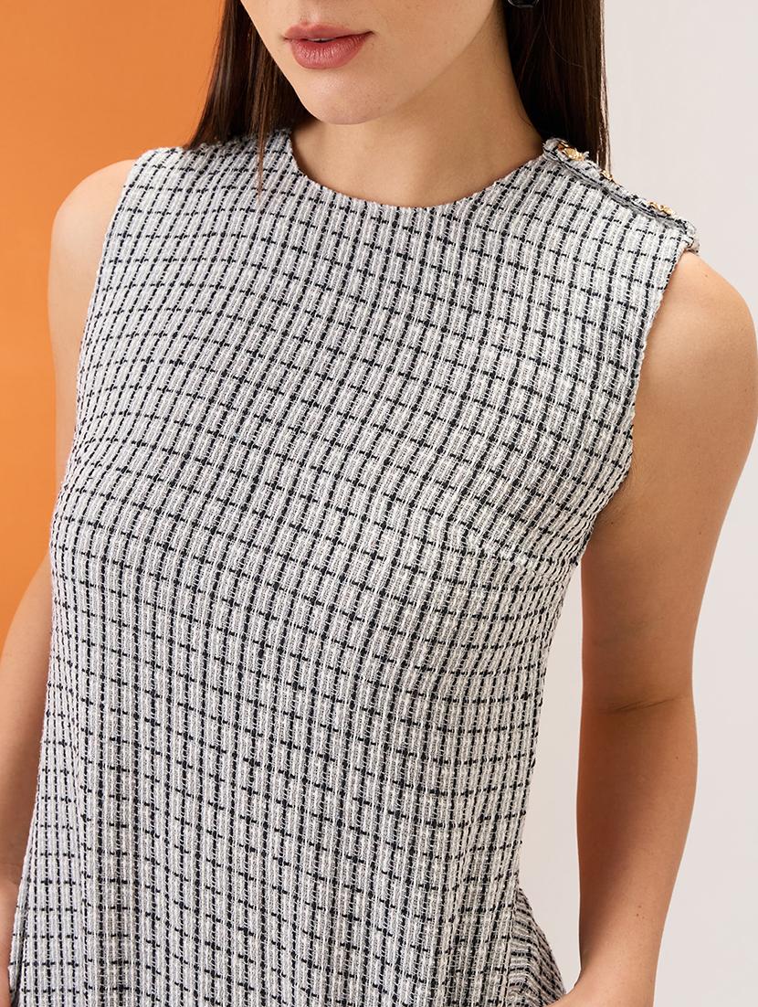 women grey tweed checkered round neck utility pockets mini sheath workwear dress - 21980156 - Standard Image - 4