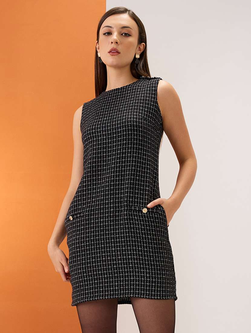 women black tweed checkered round neck utility pockets mini sheath workwear dress