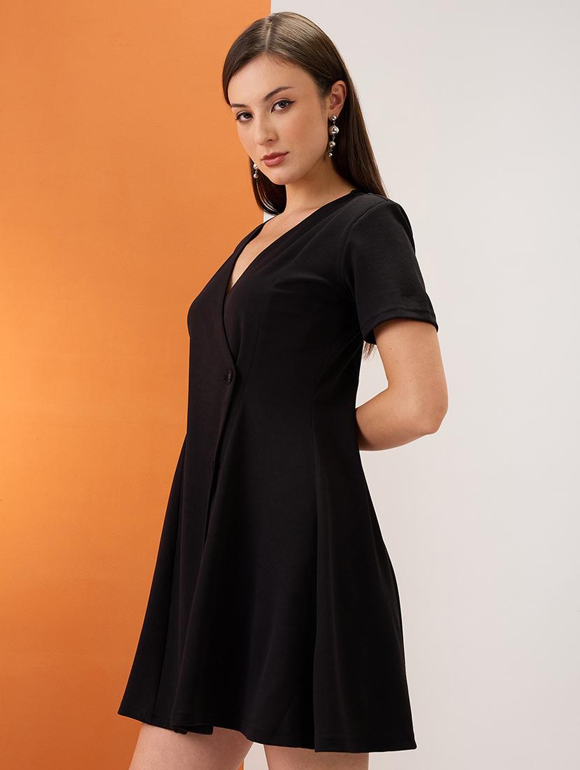 women black v-neck hong button double breasted flared hem mini workwear wrap blazer dress - 21980160 -  Standard Image - 1