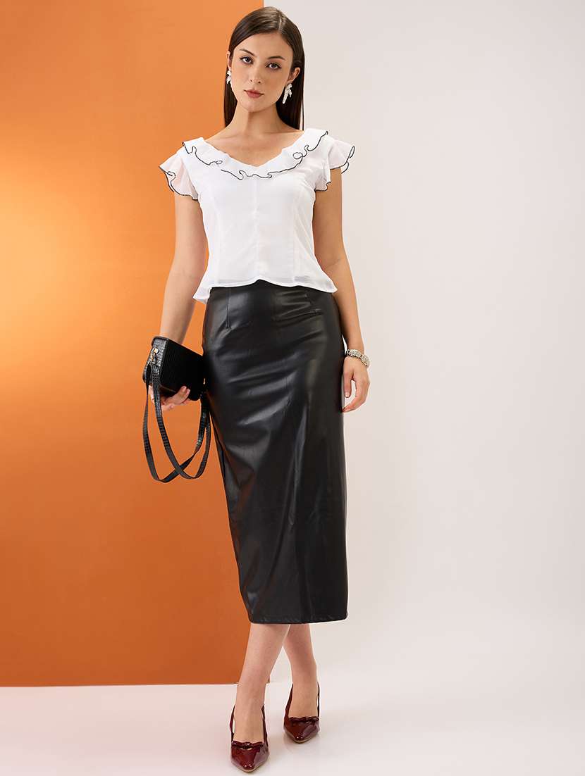 women white flared sleeves v-neck ruffle piping detail chiffon top - 21980174 -  Standard Image - 4
