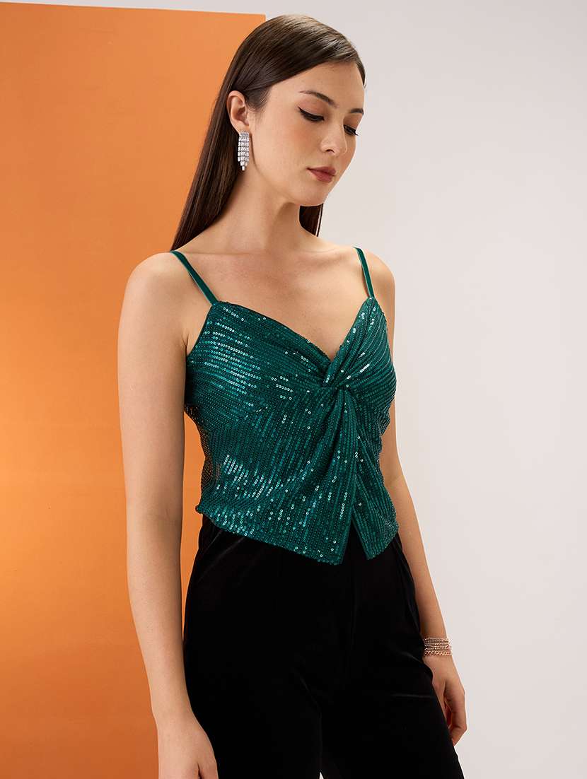 women green sweetheart neck shoulder straps twisted detail sequinned party top - 21980176 -  Standard Image - 1