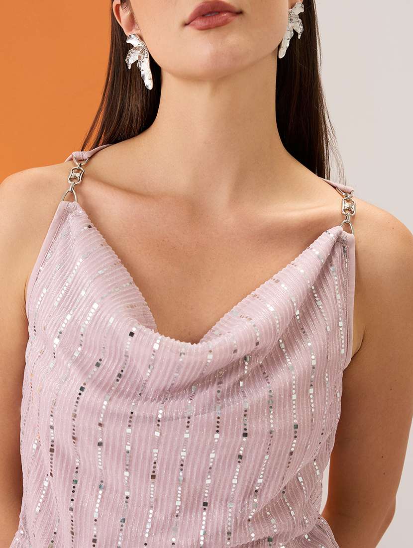 women pink cowl neck metal shoulder strap sequinned party top - 21980177 -  Standard Image - 4