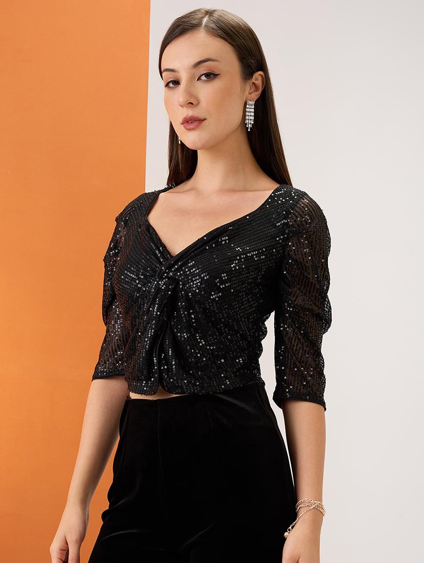 women black sweetheart neck ruched sleeves twisted detail sequinned party crop top - 21980179 -  Standard Image - 1