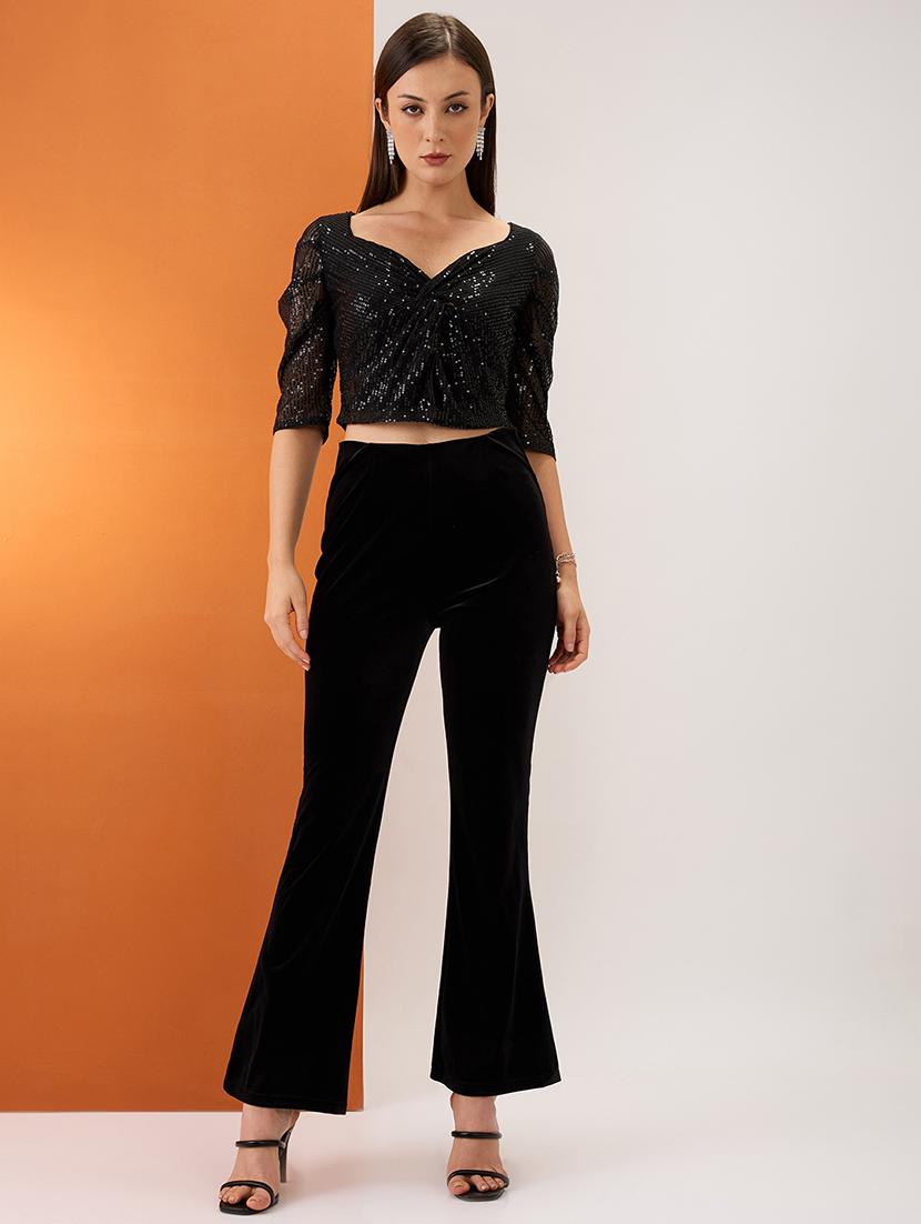 women black sweetheart neck ruched sleeves twisted detail sequinned party crop top - 21980179 - Standard Image - 4
