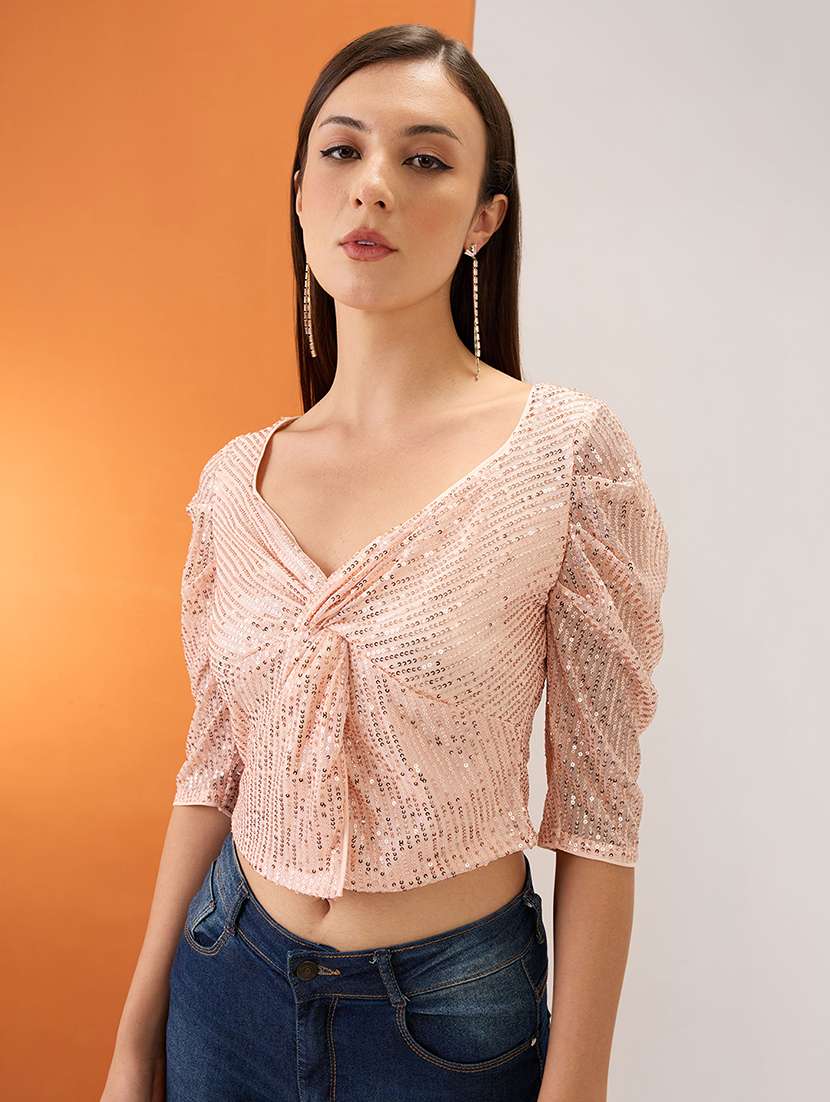 women champagne sweetheart neck ruched sleeves twisted detail sequinned party crop top