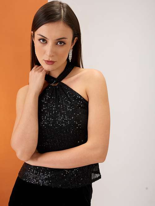 women black halter neck twisted detail sequinned party top - 21980182 -  Standard Image - 0