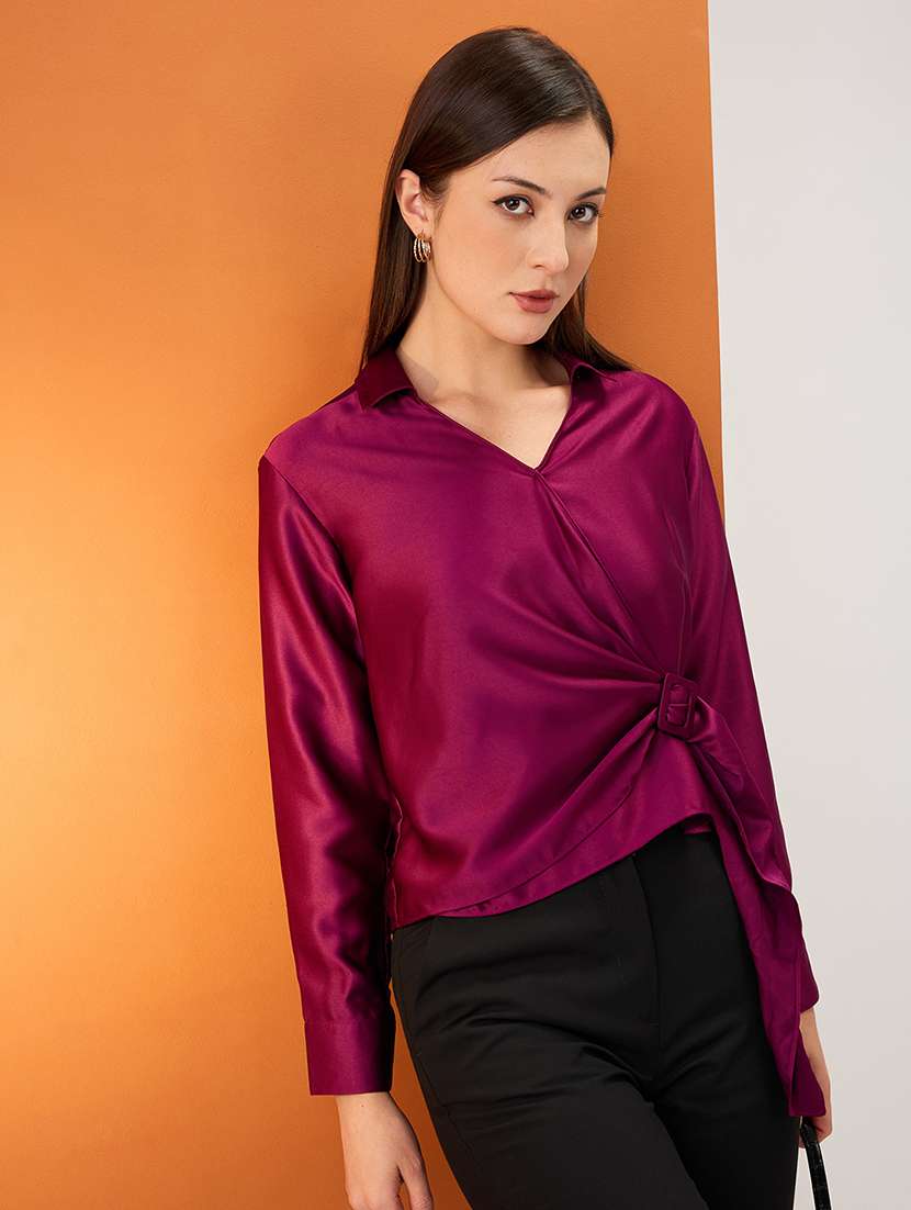 women burgundy solid shirt collar cuffed sleeves twisted buckle detail shirt style party top