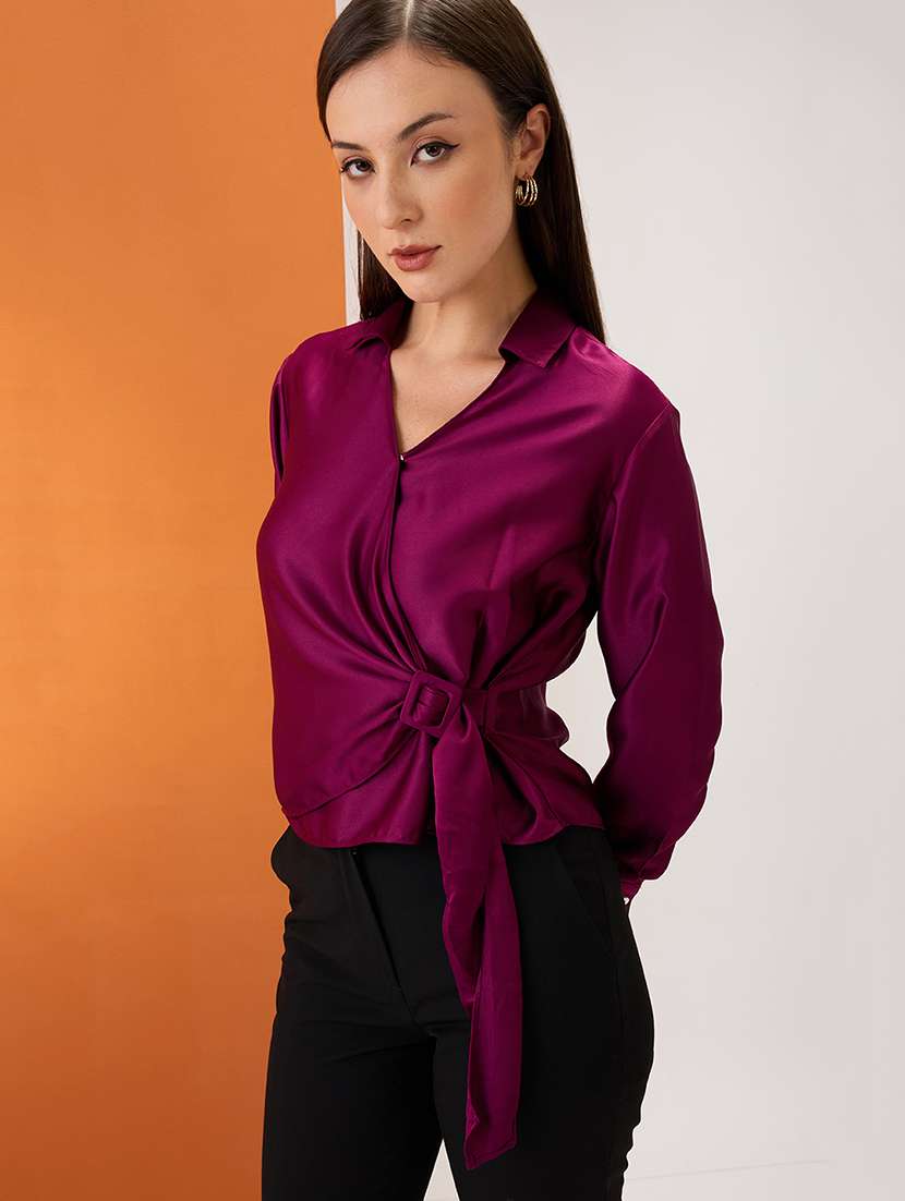 women burgundy solid shirt collar cuffed sleeves twisted buckle detail shirt style party top - 21980183 -  Standard Image - 1