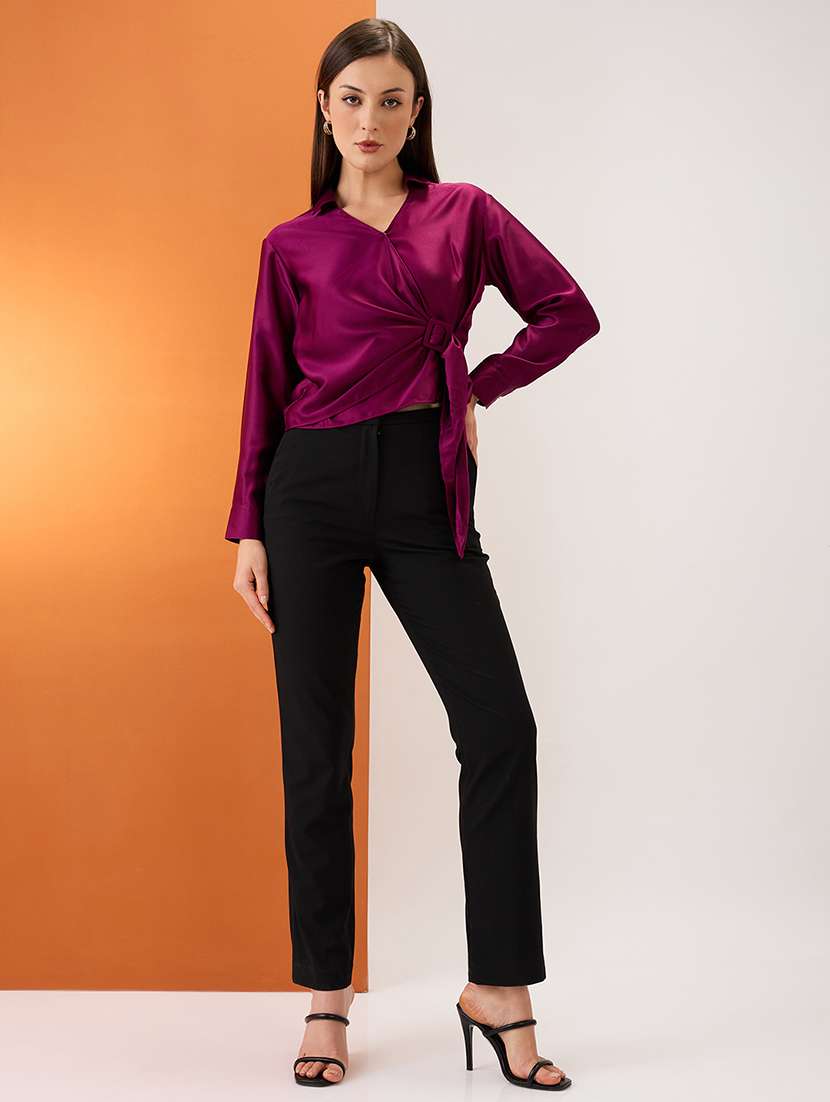 women burgundy solid shirt collar cuffed sleeves twisted buckle detail shirt style party top - 21980183 -  Standard Image - 4