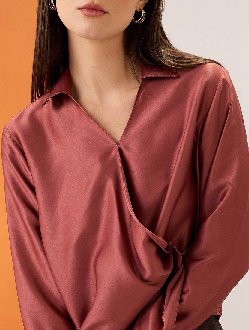 women pink solid shirt collar cuffed sleeves twisted buckle detail shirt style party top - 21980184 - Standard Image - 4