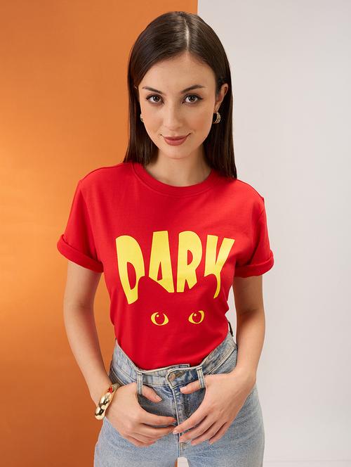 women red graphic print round neck short sleeves boxy fit t-shirt - 21980185 - Standard Image - 0
