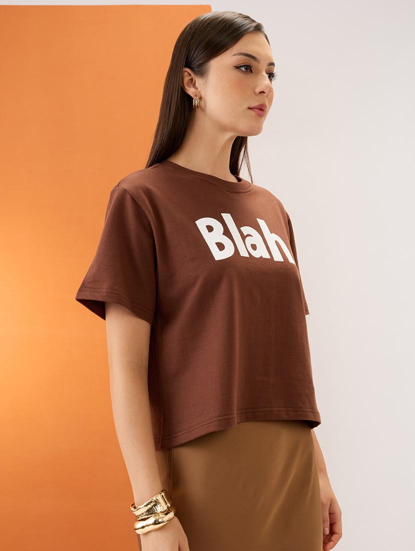 women brown typography print round neck short sleeves boxy fit t-shirt - 21980186 -  Standard Image - 1