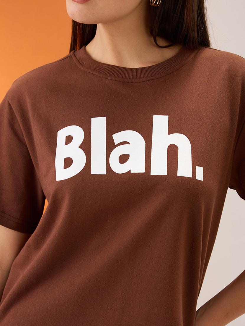 women brown typography print round neck short sleeves boxy fit t-shirt - 21980186 - Standard Image - 4