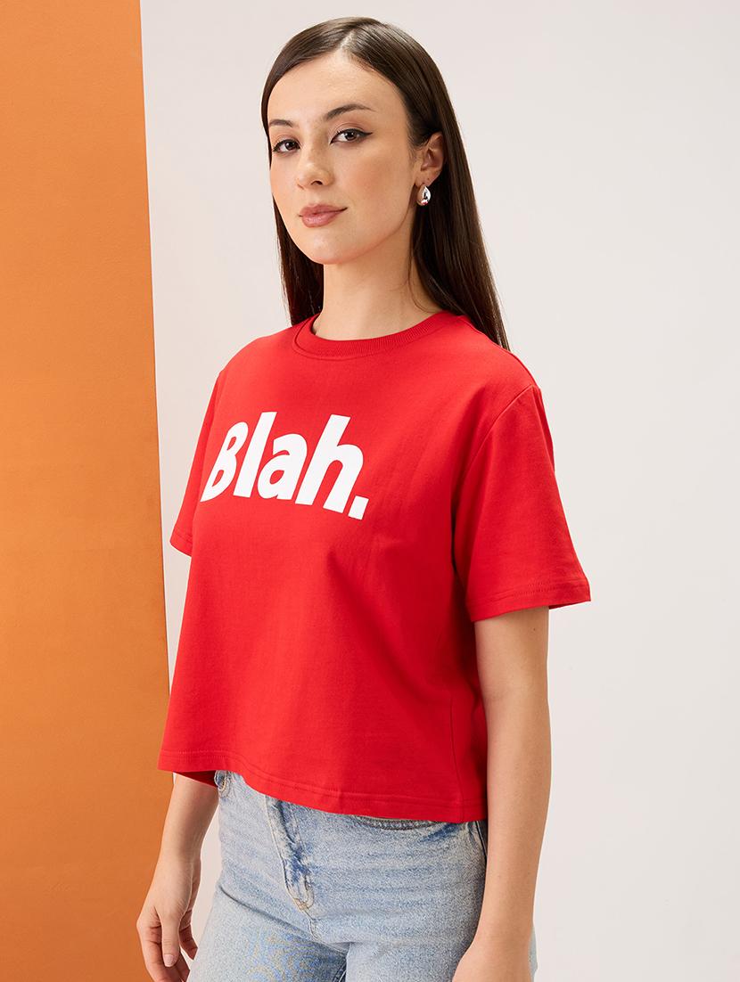 women red typography print round neck short sleeves boxy fit t-shirt - 21980187 - Standard Image - 1