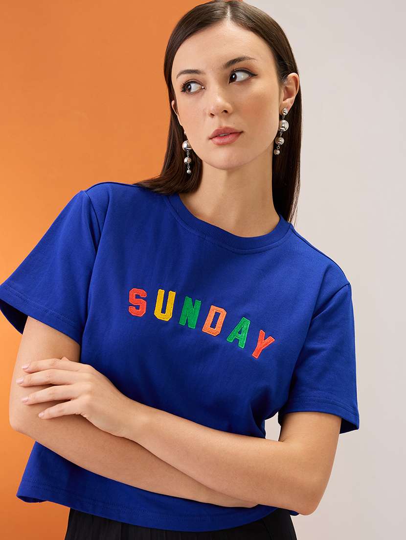 women blue embroidered typography round neck short sleeves boxy fit crop t-shirt