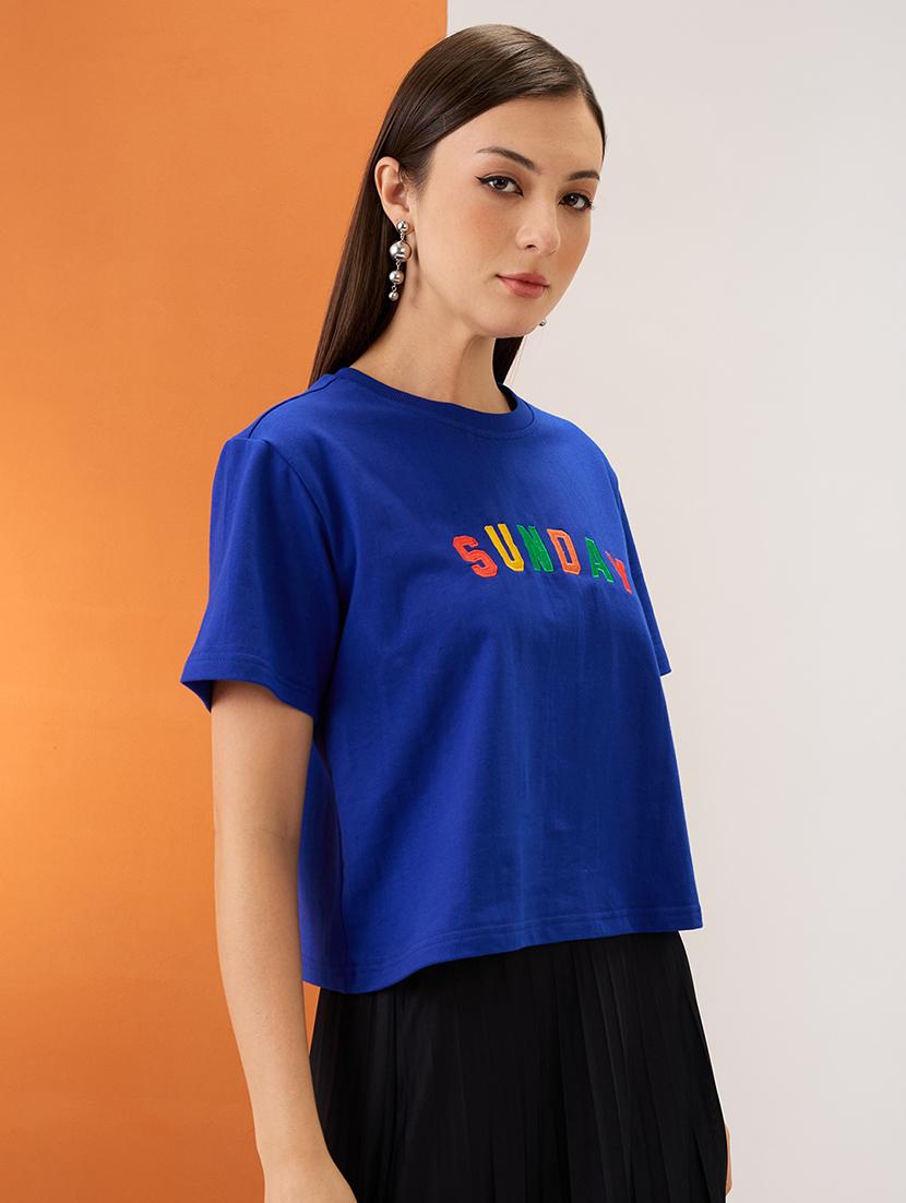 women blue embroidered typography round neck short sleeves boxy fit crop t-shirt - 21980188 - Standard Image - 1