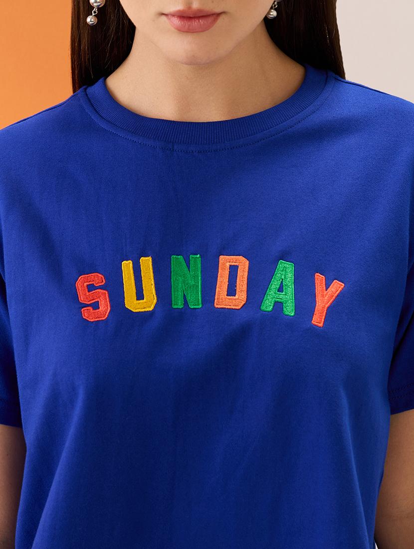 women blue embroidered typography round neck short sleeves boxy fit crop t-shirt - 21980188 - Standard Image - 4