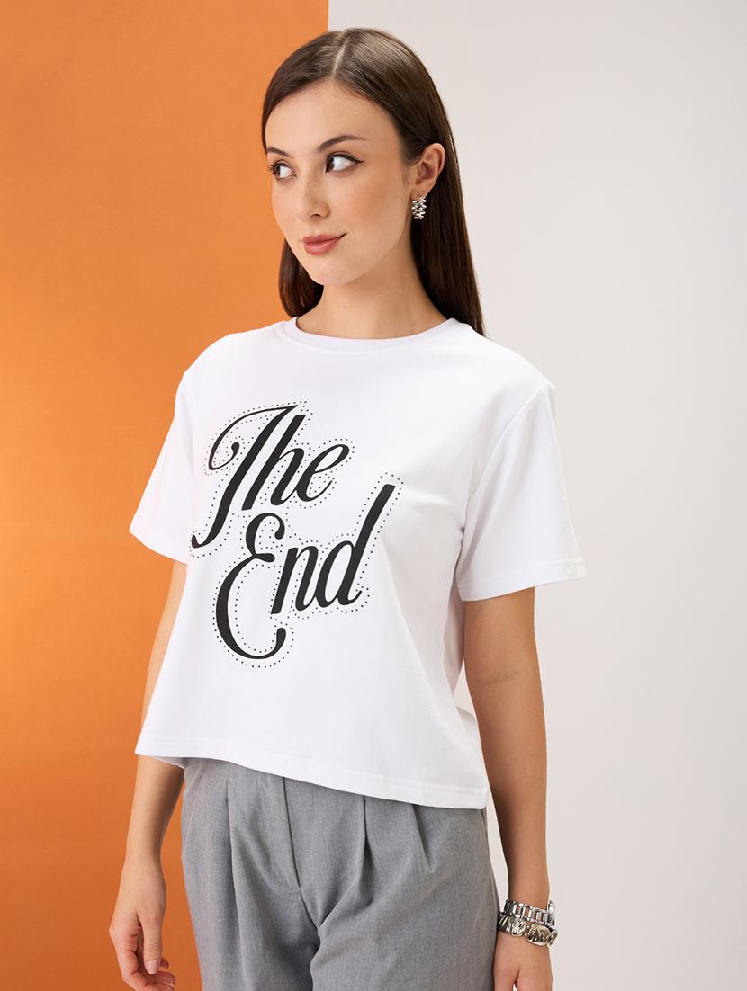 women white typography print embellished detail round neck short sleeves boxy fit crop t-shirt - 21980189 - Standard Image - 1